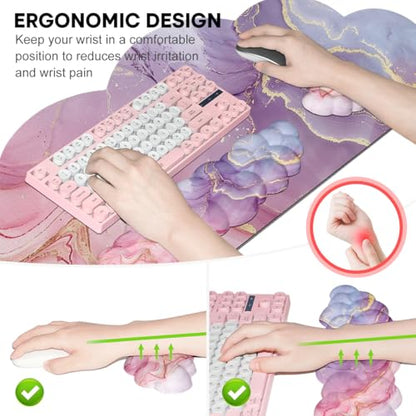 JIKIOU Ergonomic Keyboard Wrist Rest &Large Mouse Pad&Mouse Wrist & Cup Pad | Cute Cloud Shape, 4 in 1 Memory Foam Desk Mat, Ultra-smooth Surface, Savior of Wrist Pain, Anti-slip Rubber Base, Waterproof - color: 07Marble Pink
