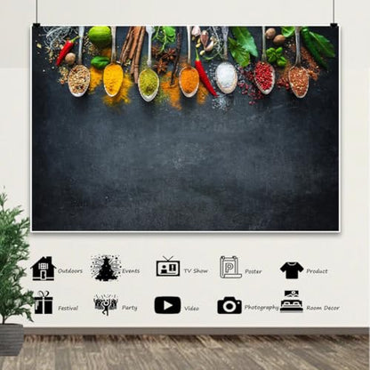 12x6ft Condiment Spice Backdrop Scoop Colorful Condiment Seasoning Food Cooking Material Black Plate Photography Background Party Conference Cuisine Video Studio Photo Props Polyester - size: 12x6ft-polyester