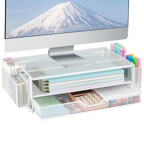 AUPSEN Computer Monitor Stands Riser，2-Tier Desk Organizers and Accessories, Office Desk Accessories Organizer with Drawers and 2 Pen Holder for Office Supplies (White) - color: White Metal