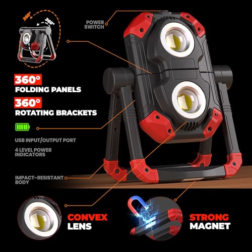 YZONI W6 LED Work Light Rechargeable, 2 COB 2500LM Folding Portable Flood Light with Magnetic Base and 360° Rotation Stand, Spotlights for Camping, Car Repairing, Emergency and Job Site Lighting - color: Dark Red