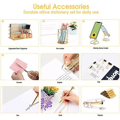 KAAKOW Gold Desk Organizers and Accessories Office Supplies Set Stapler, Pen Holder, Phone Holder, Scissors, Pen, Ruler, 30 Paper Clips, 22 Binder Clip, 20 Tacks and 1000pcs Staples (Gold) - color: Gold