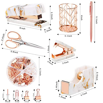Rose Gold Marble Desk Accessories, Office Supplies Set Stapler Staple Remover, Tape Holder, Pen 2 Ballpoint Pen, Scissor, Binder Clips, Paper Clips and 1000pcs Staples - color: Marble Rose Gold