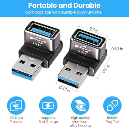 90 Degree USB 3.0 Adapter, Right Angle USB A Male to Female, 2-Pack on to go (OTG), 5Gbps Data Sync, Black, for PC, Laptop, Mouse, Keyboard