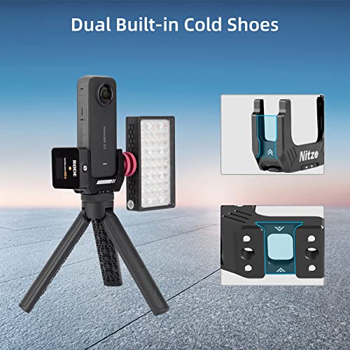 Nitze Half Cage for Insta360 X3, with 1/4" Threaded Holes and Locating Holes, Dual Cold Shoes and Folding Finger Adapters - T-IN01A
