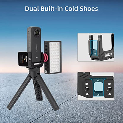 Nitze Half Cage for Insta360 X3, with 1/4" Threaded Holes and Locating Holes, Dual Cold Shoes and Folding Finger Adapters - T-IN01A