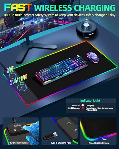 Wireless Charging Mouse Pad, RGB Gaming Mousepad, 31.5"x15.7" Extra Large Desk Pad, 13 Light Modes, Ultra-Smooth Surface, Non-Slip Base, Waterproof Computer Keyboard Mat for MacBook, PC, Laptop, Black - color: Black