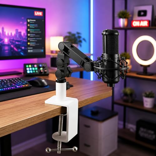 Heavy Duty Metal Desk Clamp,Upgrad C-Clamp Mount for Mic Boom Arm Desk Lamp | 12mm mounting hole. Rubber-lined jaws prevent wear.Fits max 58mm Desk. Quick knob adjustment. For mic arms/phone stands/lamps - color: White