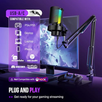 FIFINE USB Gaming Microphone Kit, PC Streaming Mic with RGB Lights, Mute, Gain Knob, Metal Boom Arm for Recording Podcast, Condenser Computer Microphone Set Compatible with PS4/PS5-AmpliGame A8T - size: A8T-Boom Arm