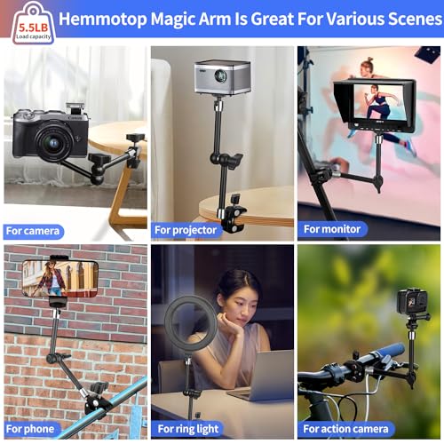 Hemmotop Magic Arm Camera Mount Clamp, 9.8 in Adjustable Articulating Friction Arm Max. Load 6.6 LBS, for iPhone Monitor, Camera Mounts & Clamps Kit MS01 Black