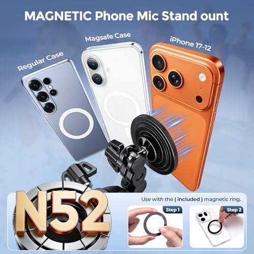 Facmogu Magnetic Phone Holder for Mic Stand, All-Metal 360° Rotatable Magnet Phone Mount with Clamp, Clip Phones Mount for Microphone & Music Stands, Compatible with Magsafe & iPhone 17/16/15/14/13/12