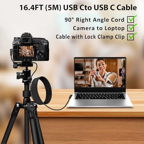 Jelanry Camera Tether Cable Dual Right Angle USB C to USB C, for Power Delivery, 5Gbps Data Transfer, Charging Between Camera & Computer+ Tethering Cable Lock Clamp for Sony Canon Nikon, 16.4 feet/ 5m - size: Dual Elbow