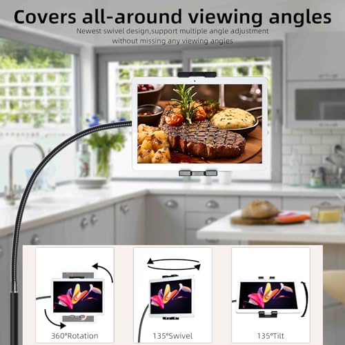 wishacc Tablet Floor Stand with Adjustable Gooseneck Mount, Swivels and Wheels for Bedside, Compatible with iPad, Galaxy Tab, Kindle and Phones - size: 15.4 x 11 inches