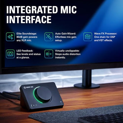 Elgato Wave XLR MK.2 USB Audio Interface and DSP Mixer | 80dB gain, Onboard voice effects, LED level feedback, Touch mute, Ultra-low-latency monitoring, Works with Stream Deck