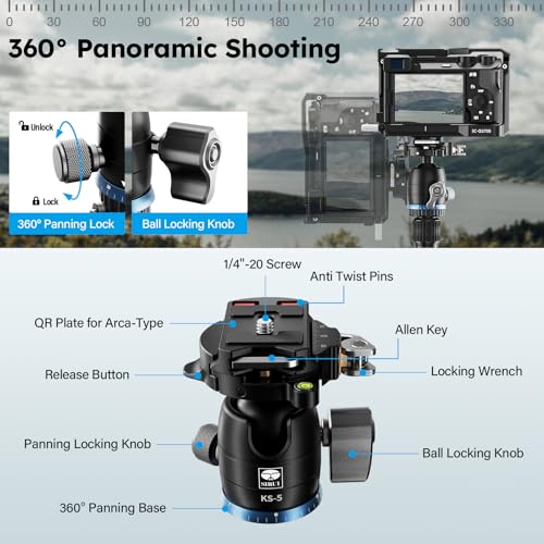 SIRUI Carbon Fiber Travel Tripod - Lightweight 55.1" Compact Tripod with 360° Panorama Ball Head, Quick Release Plate (AM-025K+KS-5) - size: AM-025K+KS-5 - 55.1 inches