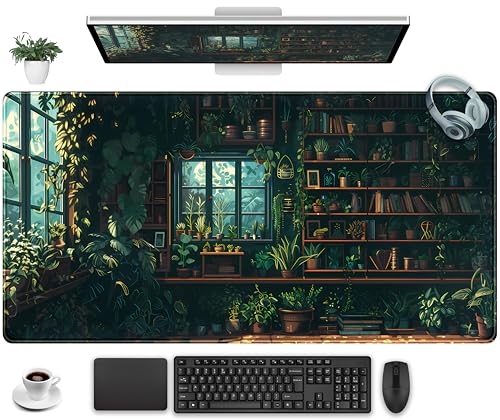 Green Plant Desk Pad Gaming Pad Extra Large Desk Mats Full Desk Mouse Pad XXL, Desktop Mat Computer Laptop Keyboard Pads, Office Home Decor Table Pad Cute Desk Accessories 31.5" x 15.7" - color: Fresh Leaves Bookshelf