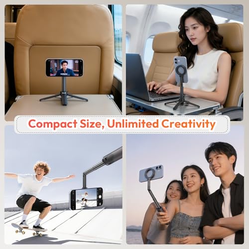 ULANZI MT71 Mini Magnetic Selfie Stick Tripod, Foldable & Lightweight, 180° Tilt, Compatible with iPhone 17-12 Series, with Adhesive Magnetic Ring for Desktop Shooting/Vlog/Selfie