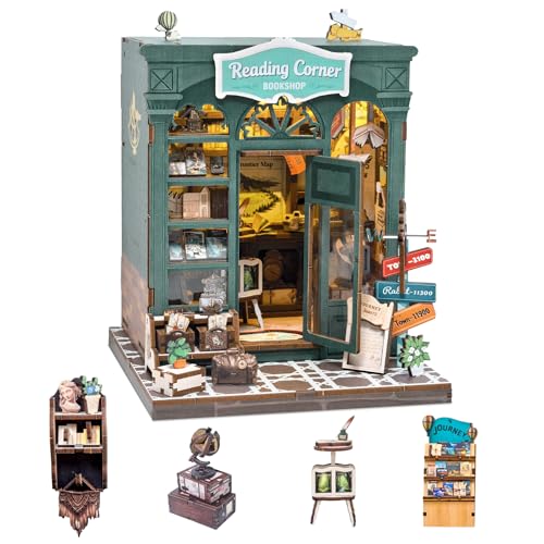 DIY Miniature Dollhouse Book Nook Kit – Reading Corner Bookshop Bookshelf Insert with LED Lights, Tiny House Model for Adults & Teens, Booknook Library Home Decor & Gift Idea for Family and Friends - style: Reading Corner