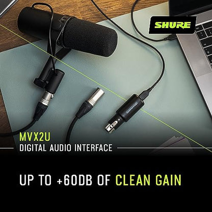 Shure MVX2U XLR-to-USB Digital Audio Interface, Headphone Jack, 60dB Gain, Zero-Latency Monitoring, 48V Phantom Power, ShurePlus App, USB-C Cable