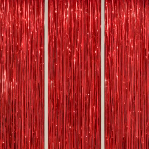 DECOCKRAT 3 Pack Foil Fringe Backdrop - Red Shiny Tinsel Curtains for Party Decoration/Photo Booth Props - 3.3x8.2 FT Metallic Foil Backdrop for Birthday, Wedding, Graduation, Christmas. - color: Red