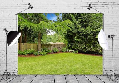7x5ft Fabric Spring Backyard Backdrop for Photography Green Backyard Area with Wooden Fence and Trim Background for Green Grassland Nature Outdoor Photo Backdrop Kids Adults Studio Props - size: 7x5FT