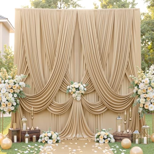 10ft×12ft Wrinkle Free Champagne Backdrop Curtain for Wedding Parties, 2 Panels 5×12ft Long Silky Polyester Fabric Backdrop Drapes Photo Back Drop Curtains for Birthday Photography Background Cloth - color: Champagne, size: 12ft Long_2 Panels