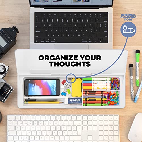 Desktop Whiteboard - Glass Dry Erase White Board - Desk Computer Buddy – Home Office & Studying Essentials - with Phone & Tablet Slot, Storage Compartment - Includes 4 Markers, 1 Eraser (2 Pack) - color: White - 2 Pack