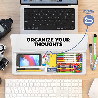 Desktop Whiteboard - Glass Dry Erase White Board - Desk Computer Buddy – Home Office & Studying Essentials - with Phone & Tablet Slot, Storage Compartment - Includes 4 Markers, 1 Eraser (2 Pack) - color: White - 2 Pack