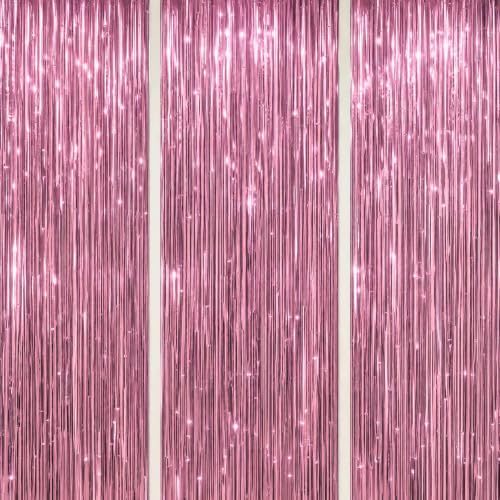 DECOCKRAT 3 Pack Foil Fringe Backdrop - Pink Shiny Tinsel Curtains for Party Decoration/Photo Booth Props - 3.3x8.2 FT Metallic Foil Backdrop for Birthday, Wedding, Graduation, Christmas. - color: Pink