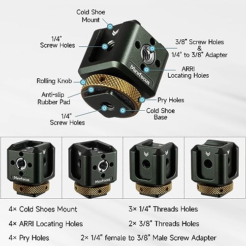MINIFOCUS Camera Hot Shoe Extension Bracket with Quadruple Cold Shoe Mounts Adapter for Microphone LED Video Light, Aluminum Shoe Mount Holder with 1/4''&3/8'' Thread Hole and Arri-locating Hole