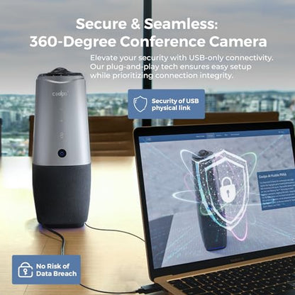 COOLPO PANA 360 Camera, 4K Webcam for PC, All-in-One Conference Room Camera System, Microphones & Speaker, AI Speaker Tracking, Hybrid Meeting for Teams, Zoom, Plug and Play 10ft USB Cable