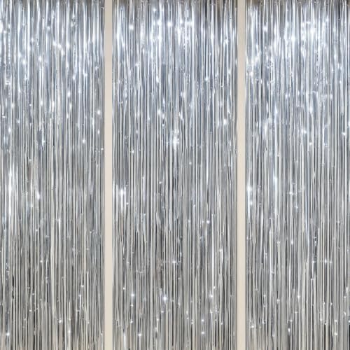 DECOCKRAT 3 Pack Foil Fringe Backdrop - Silver Shiny Tinsel Curtains for Party Decoration/Photo Booth Props - 3.3x8.2 FT Metallic Foil Backdrop for Birthday, Wedding, Graduation, Christmas. - color: Silver