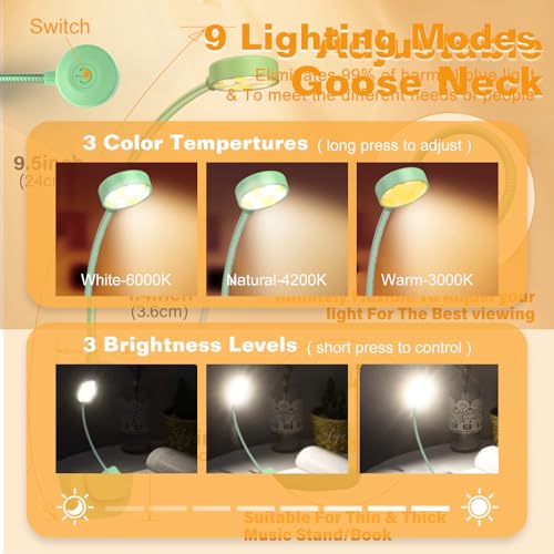 KTEBO 2 Pack Rechargeable Book Light Clip-On Reading Light for Books in Bed | 9 eye-friendly modes from 3 color temperatures and 3 brightness, USB-C up to 30 hrs - Black & Green - color: Black & Green