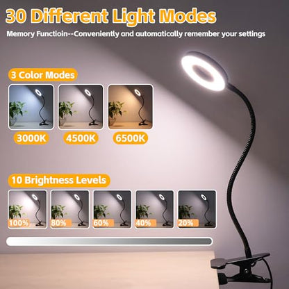 Foneso Desk Lamp Clip on Light, 48 LED USB Lamp with 3 Color Modes 10 Brightness Levels, 360° Flexible Gooseneck Eye Protection Bed Night Light for Reading, Makeup, Craft (Black) - size: 1 Pack