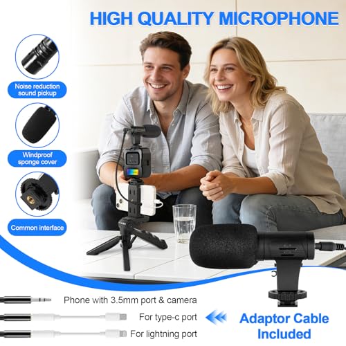 RGB Vlogging Phone Tripod with Mini RGB LED Video Light, Cardioid Microphone, Phone Holder, Compatible with iPhone & Android, for YouTube, TikTok, Instagram & Live Streaming