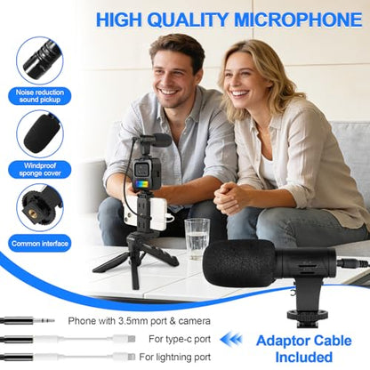 RGB Vlogging Phone Tripod with Mini RGB LED Video Light, Cardioid Microphone, Phone Holder, Compatible with iPhone & Android, for YouTube, TikTok, Instagram & Live Streaming