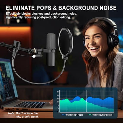 LINCO Professional Microphone Pop Filter Shield For Blue Yeti and Any Other Microphone, Dual Layered Wind Pop Screen With A Flexible 360 Degree Gooseneck Crab Clamp Stabilizing Arm (PF1502)