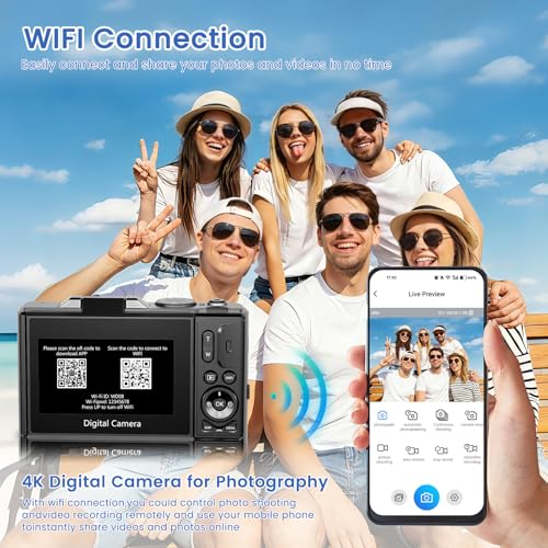4K Digital Camera for Photography, 64MP HD WiFi Vlogging Camera for YouTube with 3" 180°Flip Screen, 18X Digital Zoom,Autofocus Compact Camera with Flash,32GB TF Card & 2 Batteries(Black) - color: Black