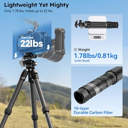 SIRUI 31.5" Compact Carbon Fiber Small Desktop Tripod with Low Profile Ball Head, Portable Lightweight Backpack Camera Tripod with Spikes for Travel Vlogging Tabletop, Macro Photography, AM-224S+G0 - style: AM-224S+G0