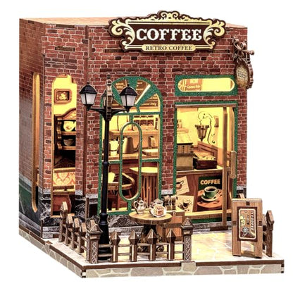 Book Nook Kit DIY Miniature House with LED Lights, 3D Wooden Puzzle Coffee Shop Bookshelf Insert for Adults, Double Door Mini Dollhouse Building Kit, Creative Home Decor Gift for Women & Men - style: Coffee Shop