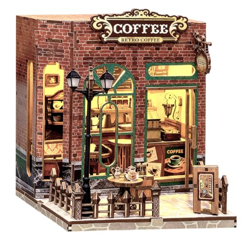 Book Nook Kit DIY Miniature House with LED Lights, 3D Wooden Puzzle Coffee Shop Bookshelf Insert for Adults, Double Door Mini Dollhouse Building Kit, Creative Home Decor Gift for Women & Men - style: Coffee Shop