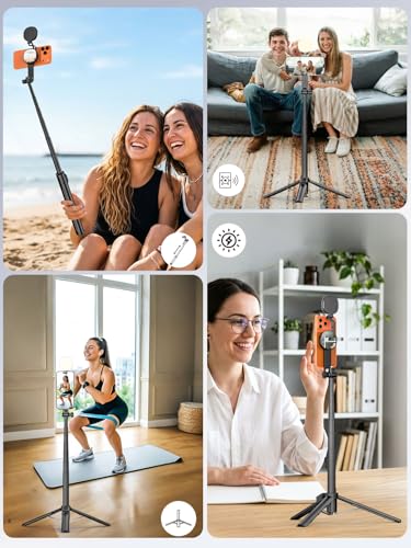 USKEYVISION Magnetic Tripod for iPhone & Android with Light,69” Extendable Selfie Stick for Magsafe,Auto-Open Phone Stand w/Magnetic Selfie Light,Remote,Vlogging Kit for Video Recording(MPT-04)