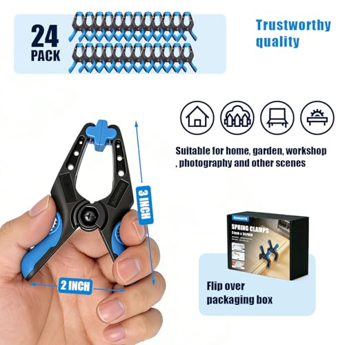 24 Pack 3 inch Heavy Duty Spring Clamps, Small Plastic Clamps for Woodworking, Backdrop, Photography, Backdrop Stand, Crafts with 1.5 inch Jaw opening
