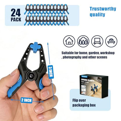24 Pack 3 inch Heavy Duty Spring Clamps, Small Plastic Clamps for Woodworking, Backdrop, Photography, Backdrop Stand, Crafts with 1.5 inch Jaw opening