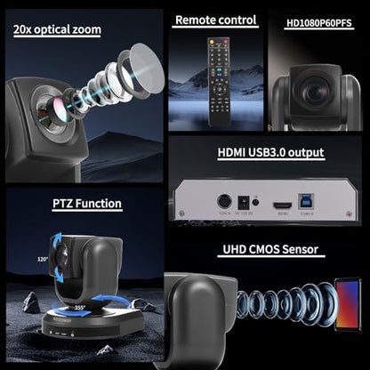 PTZ Camera with 20X Optical Zoom Full HD 1080P60fps HDMI Camera for Conference Rooms, Church Events, Streaming & Video Calls | Compatible with Zoom, Skype, OBS | Easy Setup - style: 20X 1080P HDMI/USB3.0