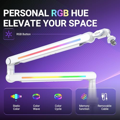 FIFINE RGB Microphone Boom Arm, Low Profile Rotatable Desk Mount Microphone Stand with Cable Management for Podcast, Streaming, Gaming, Studio-BM88ProW - color: white