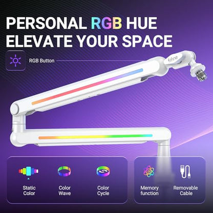 FIFINE RGB Microphone Boom Arm, Low Profile Rotatable Desk Mount Microphone Stand with Cable Management for Podcast, Streaming, Gaming, Studio-BM88ProW - color: white