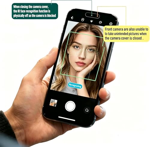 Front Camera Privacy Cover for iPhone 17/16/15/14 Pro Max Pro, Ultra-Thin Transparent Adhesive Lens Protector, Slide Design Uninterrupted Face ID, Anti-Spy Anti-Scratch Webcam Cover, 2 Black+1 Silver