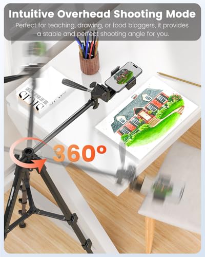 CAMBOFOTO 73"-Phone-Tripod-with-Horizontal-Overhead, Selfie Stick/Tall Travel Stand with Wireless Remote and iPhone Holder, Mirrorless/Compact/GoPro/Camera/Compatible/iPhone/Smartphone
