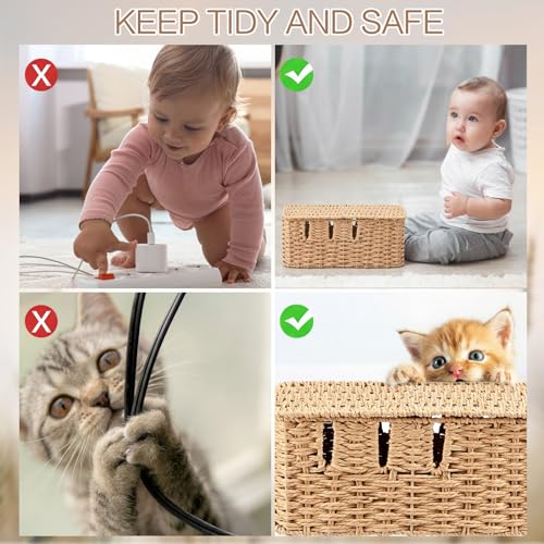 Cable Management Box with Lid Woven Paper Rope Desktop Cable Storage Box with 8 Open Slots Decorative Cord Hider Organizer Boxes for Home Office Living Room Decor, 13" x 5.1" x 5.1"