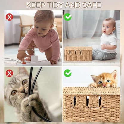 Cable Management Box with Lid Woven Paper Rope Desktop Cable Storage Box with 8 Open Slots Decorative Cord Hider Organizer Boxes for Home Office Living Room Decor, 13" x 5.1" x 5.1"